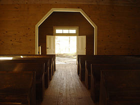 Inside Missionary Baptist Church, looking outside