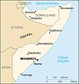 Mapa współczesnej Somalii z wydzielonym spornym terytorium Somalilandu – niegdysiejszego Somali Brytyjskiego. Jasnym kolorem oznaczony jest obszar pokrywający się terytorialnie z Somali Włoskim