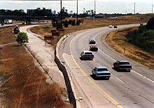 July 1988 photograph showing the barricades directing traffic to divert off I-696 at the Mixing Bowl