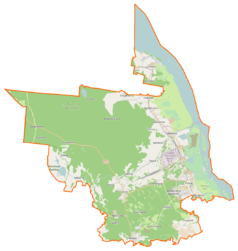 Mapa konturowa gminy Police, u góry nieco na prawo znajduje się punkt z opisem „Trzebież”