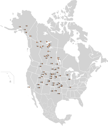 Distribuzione di branchi noti di bisonti delle pianure e di allevamenti in cattività o branchi allo stato brado di bisonti delle foreste in Nord America nel 2003.      Bisonte delle foreste      Bisonte delle pianure