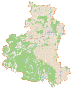 Mapa konturowa powiatu starogardzkiego, blisko dolnej krawiędzi nieco na prawo znajduje się punkt z opisem „Jasieniec”