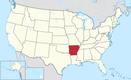 Arkansas markerat på USA-kartan.