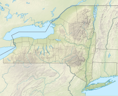 Mapa konturowa stanu Nowy Jork, na dole po prawej znajduje się owalna plamka nieco zaostrzona i wystająca na lewo w swoim dolnym rogu z opisem „Croton Falls Reservoir”