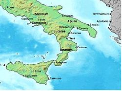 Carte du sud de l'Italie indiquant Thourioï, dans le golfe de Tarente