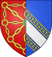 Coat of arms with Navarrese chains-on-red on the left and Champagne diagonal-stripe-on-blue on the right