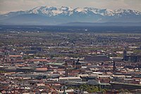 A view from the tower's observation platform towards the Alps.