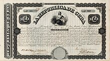 Anleihe über 100 Pesos zur Finanzierung des Aufstandes auf Kuba gegen die Kolonialmacht Spanien, ausgegeben am 1. Juni 1869 in New York von der kubanischen Exilregierung, im Original unterschrieben von José Morales Lemus als Präsident der Junta Central Republicana de Cuba y Puerto Rico