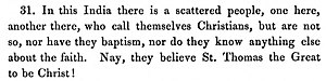 Catholic critical account of Saint Thomas Christians in India, written by Jordanus in 1329–1338 in Mirabilia descripta.[7]