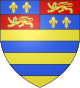 Or, two bars azure a chief quarterly azure and gules; in the 1st and 4th quarters two fleurs-de-lis and in the 2nd and 3rd a lion passant guardant or