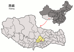 Location of Dagzê District (red) within Lhasa City (yellow) and the Tibet A.R.