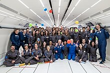 A group of people stand and sit inside a plane, wearing blue jumpsuits and look at colour balls that float thanks to the absence of gravity