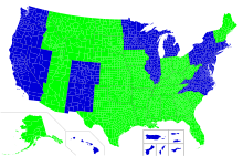 Mapa USA zobrazující aktuální stav možnosti obyvatel USA skrytě nosit zbraň dle jednotlivých okresů, včetně barevné legendy