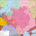 Carte polonaise représentant la principauté de Moldavie comme une simple province polonaise, fief du roi de Pologne (en réalité la Moldavie a seulement été alliée et vassale de la Pologne de 1387 à 1455).