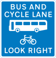 Contra-flow bus lane which pedal cycles may also use with traffic approaching from the right (reminder for pedestrians)