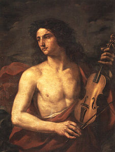 Orpheus, seorang tokoh dalam mitologi Yunani Purba, digambarkan membawa biola, walaupun biola dicipta pada abad ke-16. Lukisan ini dicipta pada abad ke-17 oleh Cesare Gennari.