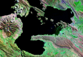Satellite view of Wiñaymarka Lake, the southern sub-basin of Lake Titicaca, and the extinct volcano Qhapiya (on the left). Asiru Phat'jata is visible north of Qhapiya.