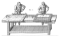 Illustration de L'Art du Menuisier (1769) montrant un établi avec des valets en usage.