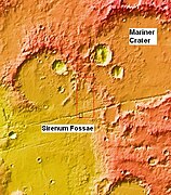 MOLA context image for the series of three images to follow of gullies in a trough and nearby crater. This image shows where the image is in relation to Mariner Crater and Sirenum Fossae.