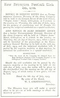 A document announcing that New Brompton Football Club has changed its name to Gillingham Football Club, dated 1913