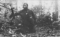 Um soldado americano chamando ajuda de um médico para um companheiro ferido durante a luta na Colina 882.