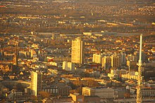 Elevated view of Mulhouse city centre at sunset