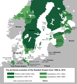 A map showing 17th-century Sweden, including Finland, the Baltic States and holdings in Pomerania, Wismar and Bremen-Verden