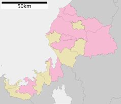 Mapa konturowa Fukui, u góry znajduje się punkt z opisem „Sakai”