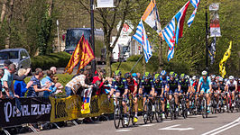 Het peloton beklimt de Cauberg