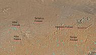 Map of Arcadia quadrangle with major features labeled. Several large fossae are indicated on the map