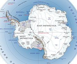 Etelämantereen jako itä-länsi-suunnassa Transantarktisten vuorten avulla.