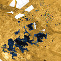 Image 10Lakes of liquid ethane and methane exist on the surface of Titan, Saturn's largest moon. This was confirmed by the Cassini–Huygens space probe, as had been suspected since the 1980s. (Full article…)