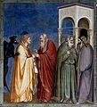 Judas mottar tretti sølvpenger for å forråde Jesus. veggmaleri i Cappella Scrovegni a Padova av Giotto di Bondone (1267-1337). Judas er avbildet med karakteristisk rødt hår, «judasfarge», og kappe i gult, symbol på feighet og forræderi.