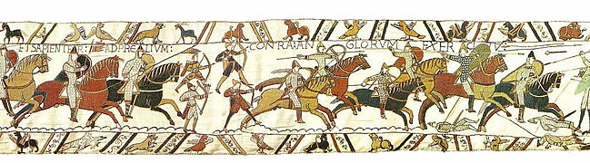 Scene 51 from the Bayeux tapestry. The horseman's spear standard at far right bears three balls.