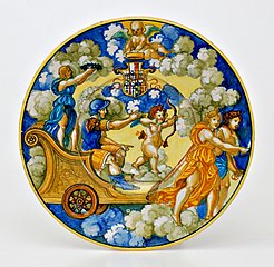 Assiette peinte avec Le Chariot de Mars, en haut armoiries des Gonzague-Paléologue, Nicola da Urbino, Urbino, 1531-1533.