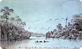 Image 85A view of a river from the anchorage off Sarawak, Borneo, c. 1800s. Painting from the National Maritime Museum of London. (from History of Malaysia)