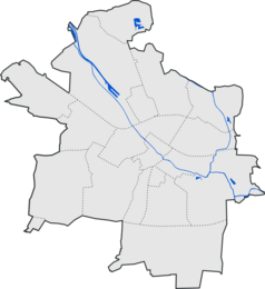 Mapa konturowa Gliwic, blisko centrum na prawo znajduje się punkt otoczony kołem zębatym z opisem „Radiostacja gliwicka”