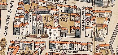 La rue Saint-Paul, avec l'ancienne église Saint-Paul, sur le plan de Truschet et Hoyau (1550).