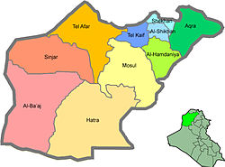 Al-Ba'aj District (light pink) in Ninawa