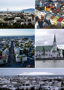 zleva: pohled na město z Perlanu, střechy městských domů, pohled na Reykjavík z kostela Hallgrímskirkja, kostel Fríkirkjan, panorama z Perlanu