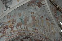 Средновековен стенопис – картината е отрез от таванната живопис на църквата в Скиби в Зеландия в Дания от 1065 г. и показва жизнерадостта на трима млади крале на коне с тигрови багри, ловни кучета и соколи и след това смъртта, към която ненадейно яздят