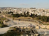 The Oval Forum of Jerash (c. 1st century AD), then member of the ten-city Roman league, the Decapolis. Seven out of the ten Decapolis cities are present in modern-day Jordan.