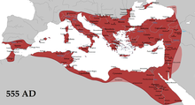 The empire in عیسوی 555 under جسٹینین اول، at its greatest extent since the fall of the مغربی رومی سلطنت (its خراجگزار ریاست in pink)