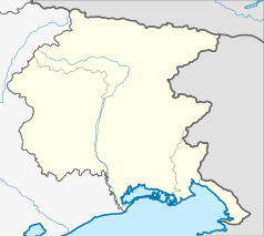 Mapa konturowa Friuli-Wenecji Julijskiej, na dole nieco na prawo znajduje się punkt z opisem „Grado”