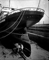 RMS Aquitania, stern view. This photograph was taken in early May 1914, shortly before the ship's maiden voyage later that month.