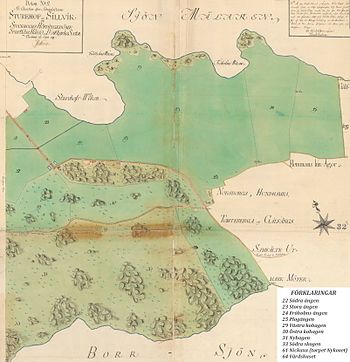 Sturehov och Sillvik då Carl Wahrendorff övertog egendomen (del 1, västra delen och del 2, östra delen). Södra delen av kartorna är beskuren. Upphovsman: Israel af Ström, 1792.