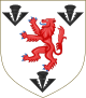 Argent, a lion rampant gules between three pheons sable