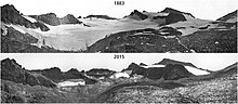 deux photos N&B datées de 1883 et de 2015 des mêmes montagnes, montrant la quasi disparition d'un glacier.