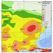 USGS seismic hazard map showing Bulgaria, as well as the Vrancea Mountains fault in central Romania