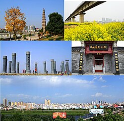 From top to bottom, left to right: Wenfeng Pagoda (文峰塔), Nanjing–Xi'an railway viaduct, Park of famous persons from Tanghe, Feng Youlan Memorial Hall, view of the county seat